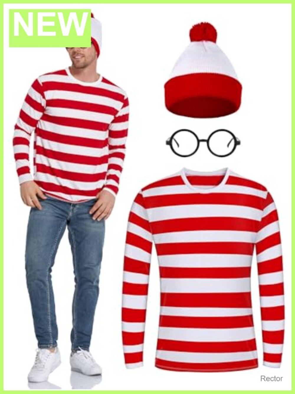 Men's Red White Striped Tee Beanie Glasses Halloween Set